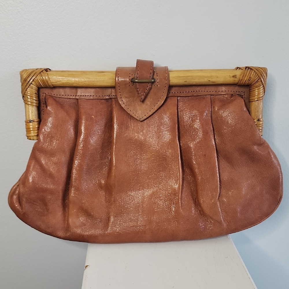 Brown Leather Clutch with Bamboo Handle